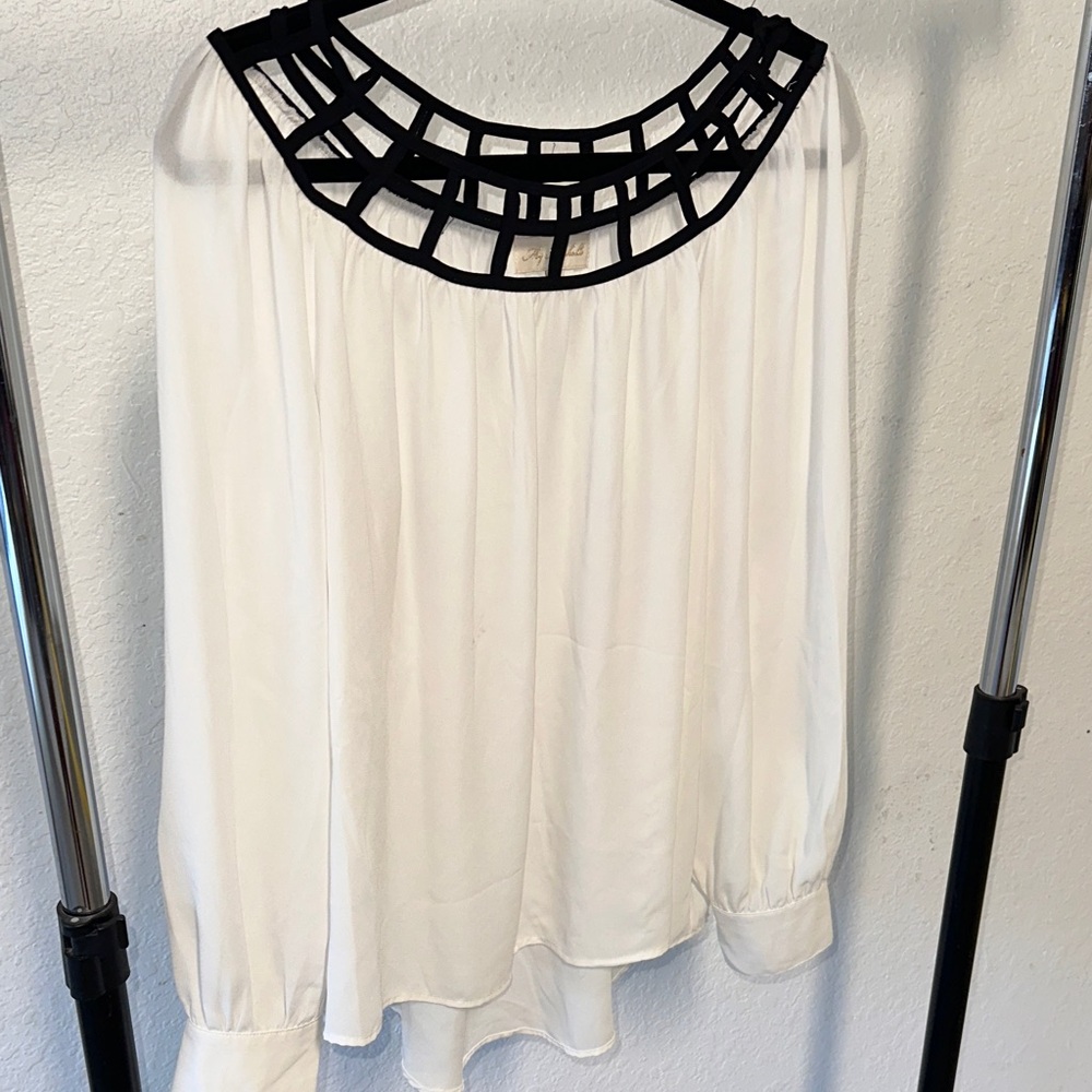 My Michelle White Blouse with Black Geometric Neckline